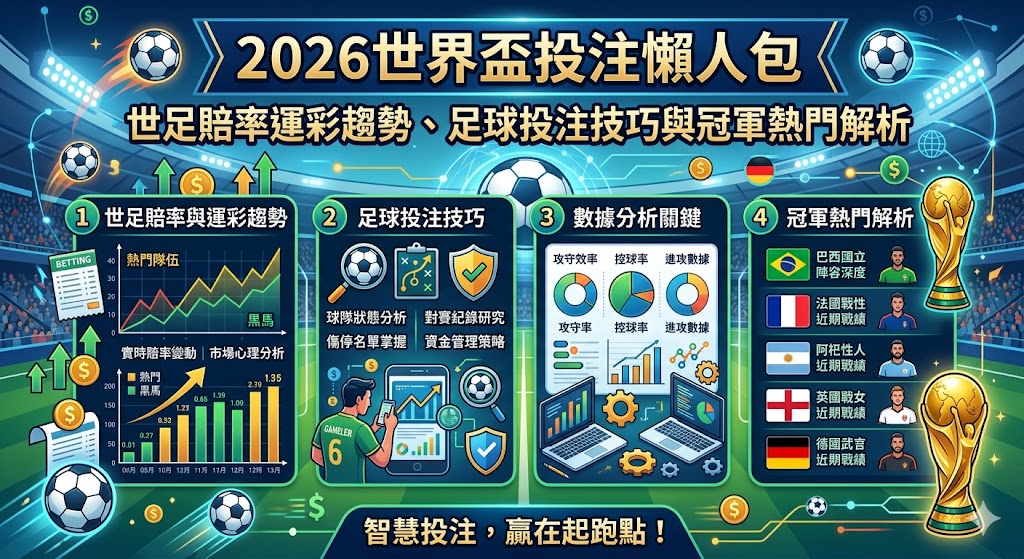 這篇2026世界盃投注懶人包是您今年絕不能錯過的下注必讀聖經，一篇文章帶您精準掌握最核心的世足賠率運彩趨勢、足球投注技巧與冠軍熱門解析！由資深專家親自操盤，深度拆解全新48隊擴軍賽制下各國豪強的最新戰術陣型、主力傷兵名單與國際盤口水位走向，特別針對讓分盤、大小球、不讓分獨贏及正確波膽等熱門玩法提供全方位的實戰心法。結合科學化的資金控管、過關串關技巧與業界高手的下半場滾球走地策略，幫助您在四年一度的全球足球盛宴中完美避開莊家陷阱、大幅提升中獎贏錢勝率，不論您是新手還是老玩家，這篇必讀的2026世足下注攻略都將是您引領資產翻倍的致富關鍵！