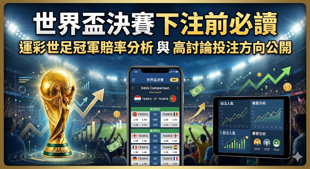 這篇世界盃決賽下注前必讀指南，一篇文章帶您精準掌握最核心的運彩世足冠軍賠率分析與高討論度的熱門投注方向！由資深運彩專家親自操盤，深度拆解西班牙、法國、英格蘭等奪冠強權在決賽階段的最新戰術陣型、主力傷兵名單與盤口水位變動規律，特別針對高勝率的不讓分獨贏、讓分盤、大小球與正確比數波膽提供全方位的實戰心法。結合科學化的資金控管與決賽特有的避險對沖鎖利技巧，幫助您在四年一度的頂級決賽盛宴中完美避開莊家陷阱、大幅提升贏錢成數，不論您是運彩新手還是老玩家，這篇必讀的2026世足下注攻略都將是您引領資產翻倍的致富關鍵！