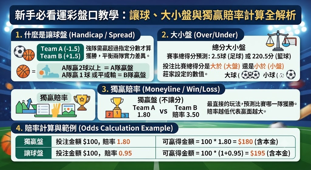 新手必看運彩盤口教學：讓球、大小盤與獨贏賠率計算全解析